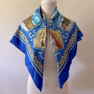 Vintage women’s blue gold square scarf 💯polyester Rome Italy Landmarks 34x34”